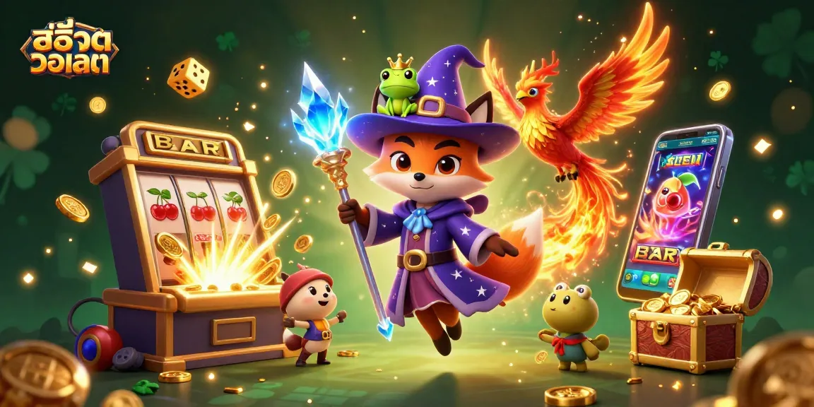 Engage with สล็อตวอเลท in this vibrant 3D scene filled with exciting slot machine elements and magical characters.