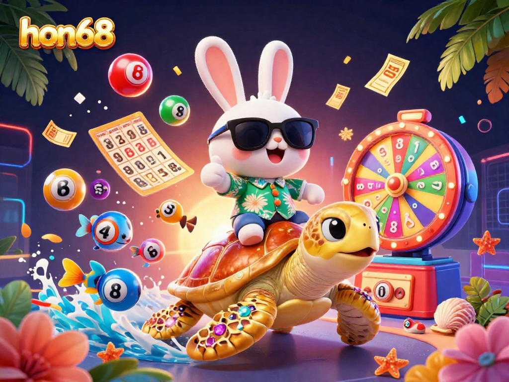 Experience thrilling gameplay at hon68 with a lucky rabbit and golden turtle surrounded by vibrant lottery elements.