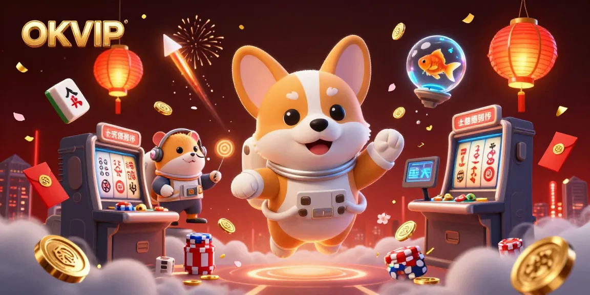 Play exciting casino games at OKVIP with a vibrant scene showcasing a floating astronaut corgi and dynamic casino elements.