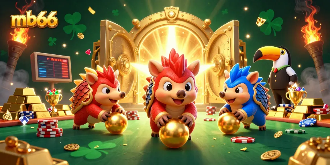 Experience thrilling gambling with mb66 featuring animated pangolins enjoying casino games and riches.