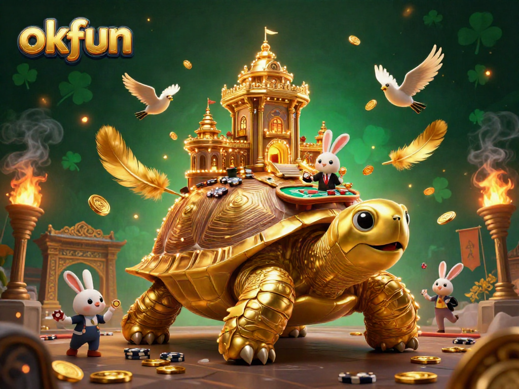 Spin the reels at okfun's vibrant casino scene with a golden tortoise and dealer.