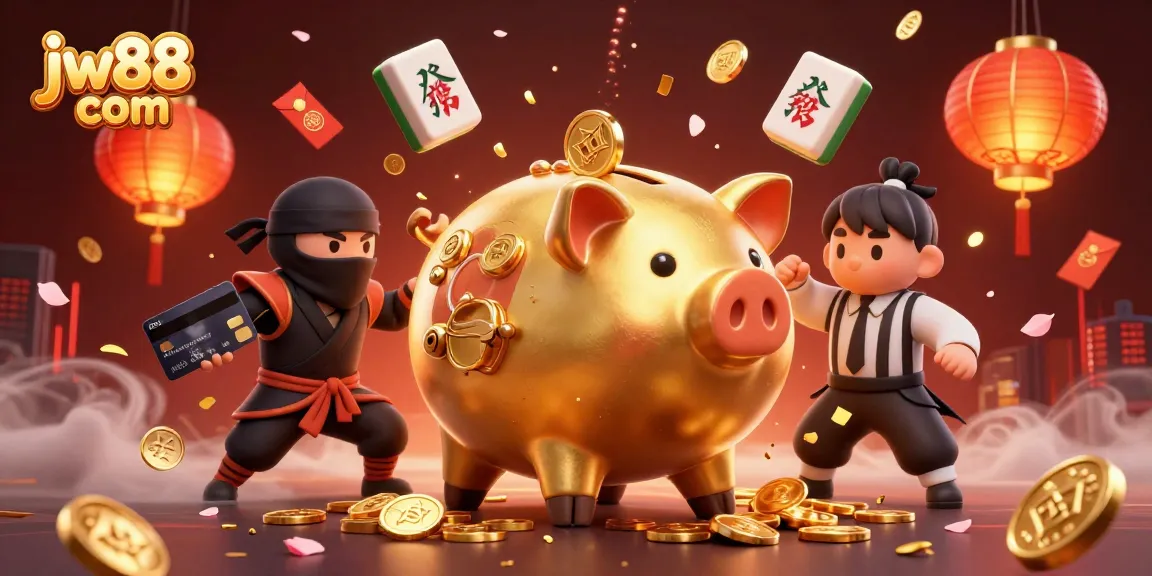 Experience dynamic wins with jw88 com as large golden characters battle among festive casino elements.
