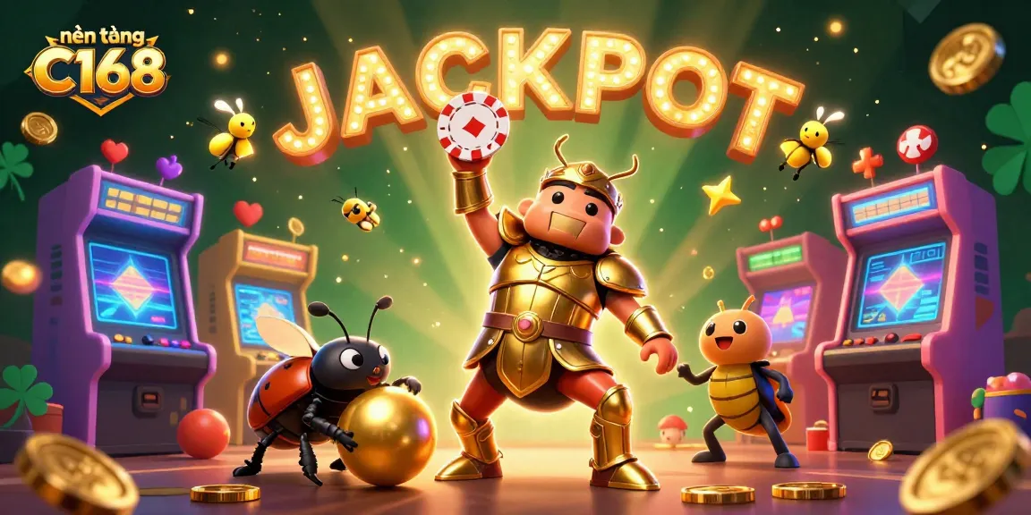 Engage with nền tảng C168 as a 3D gladiator beetle celebrates a jackpot win in a colorful casino.