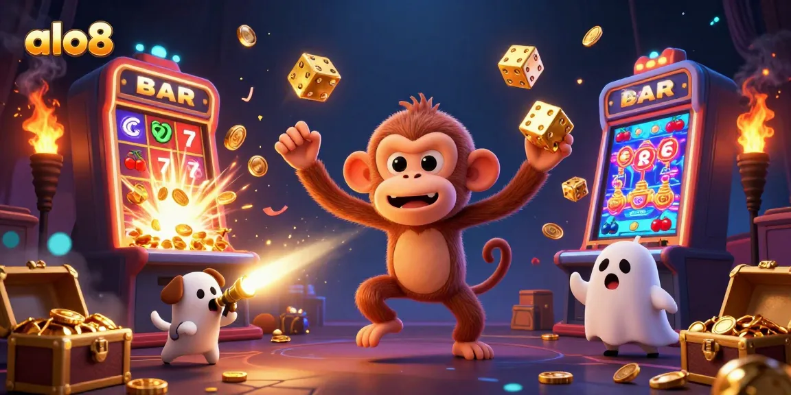Engage with alo8's exciting casino world, featuring juggled golden treasures and thrilling slot displays.