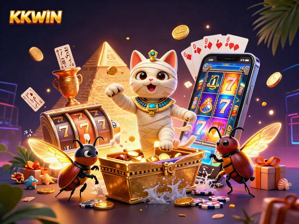 Engage in thrilling gaming adventures at KKWIN with our vibrant 3D casino scene featuring exciting slot elements.
