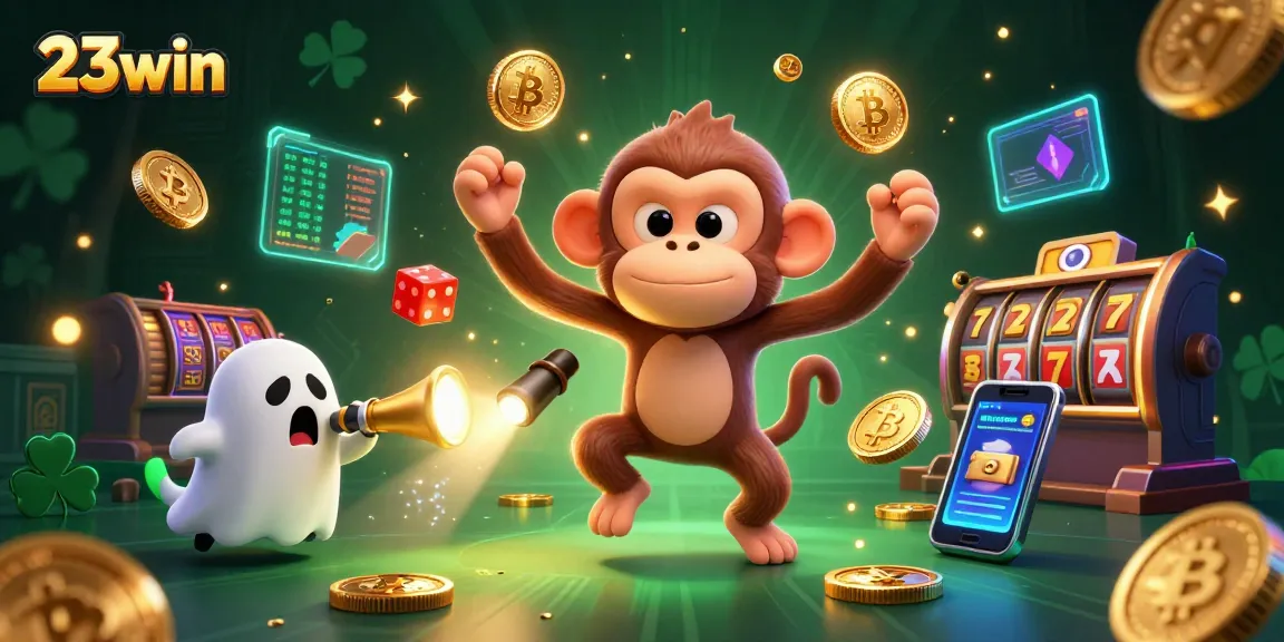Experience the thrill of 23win's haunted casino with golden juggles and a curious ghost-hunter puppy.