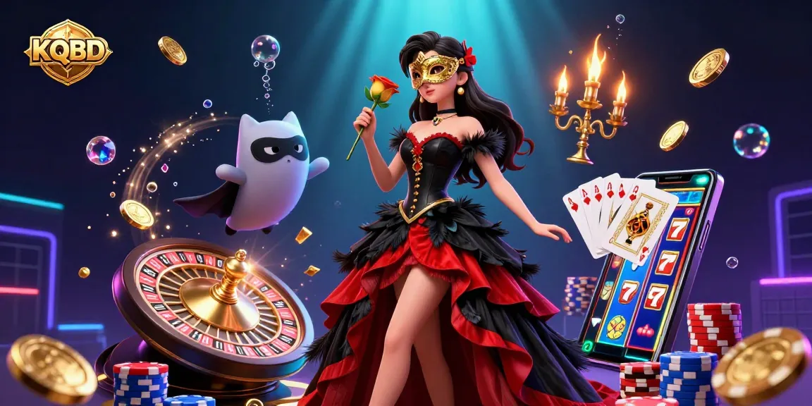 KQBD captures high-speed football results with a glamorous digital illustration of a woman in a black and red gown amidst casino games.
