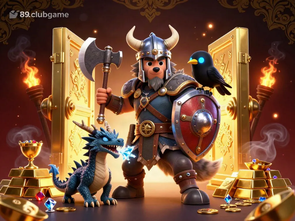 Experience thrilling gameplay with 789clubgame, featuring a Viking warrior and treasure elements in this vibrant casino scene.