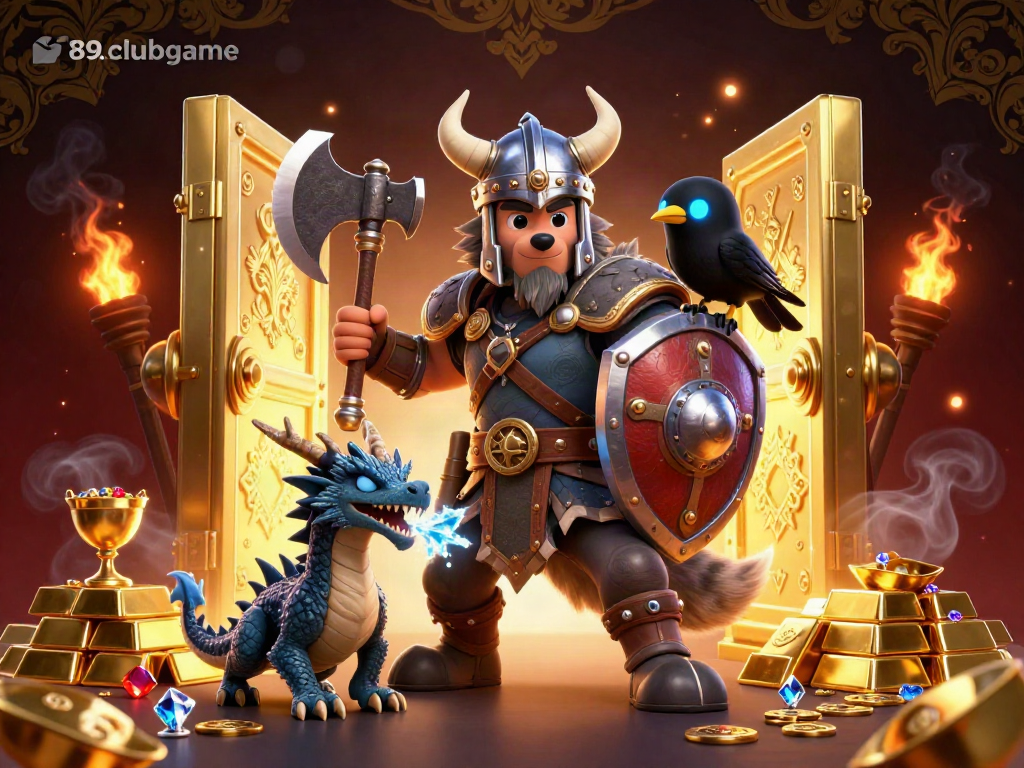 Experience thrilling gameplay with 789clubgame, featuring a Viking warrior and treasure elements in this vibrant casino scene.