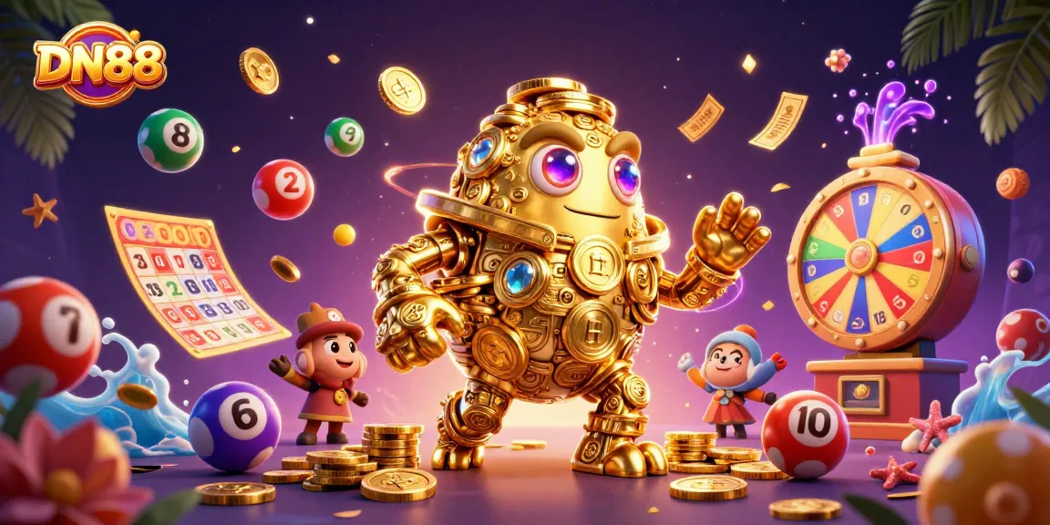 Experience the excitement of DN88 with a dazzling golden golem surrounded by vibrant lottery elements.