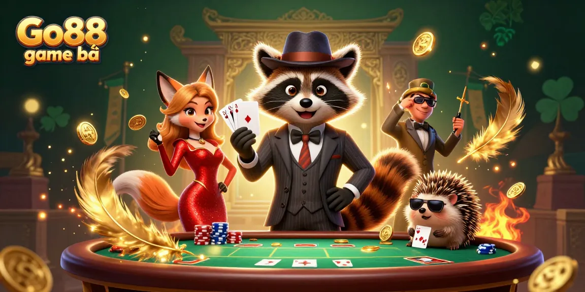 Experience the thrill of Go88 game bài with stylish characters at a lively poker table.