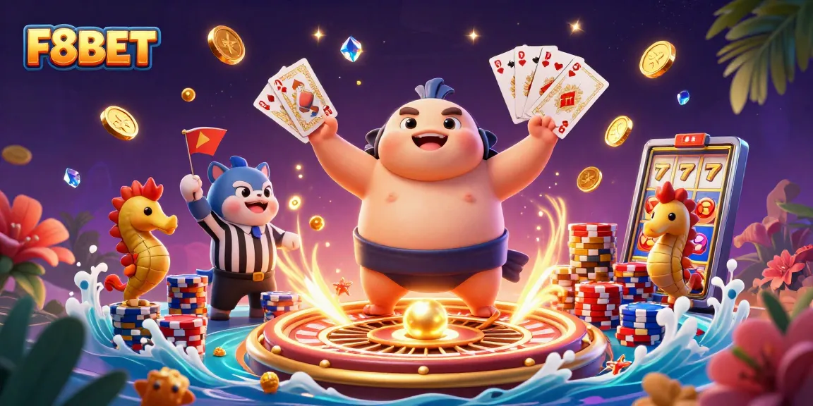 Experience thrilling games at F8BET with a vibrant underwater casino illustration featuring lively characters and exciting gambling elements.
