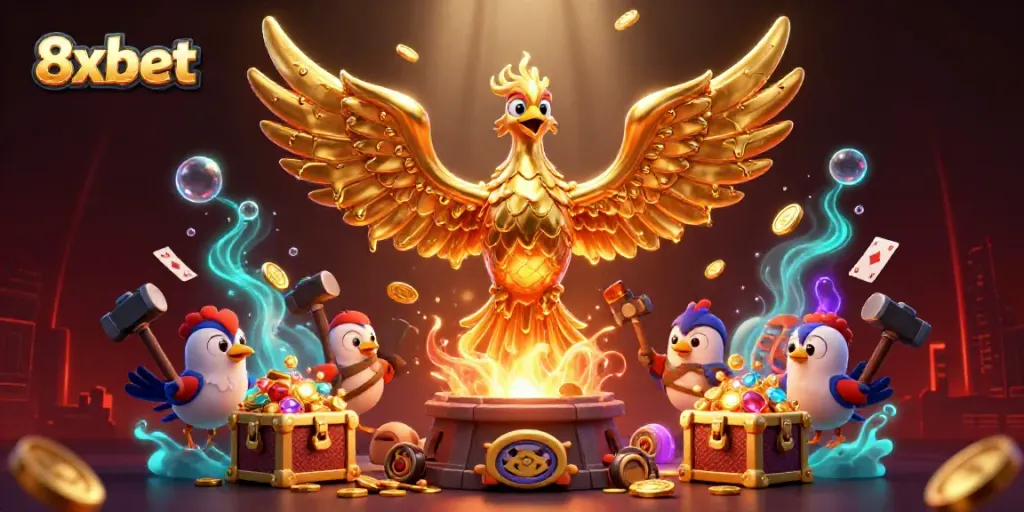 Experience thrilling gameplay with 8xbet's rich casino elements including a golden phoenix and treasure chests.