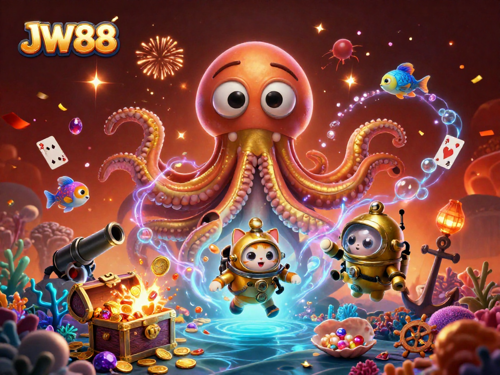 Experience thrilling jackpots and adventures with JW88's vibrant underwater scene featuring a whimsical kraken and diving cat.