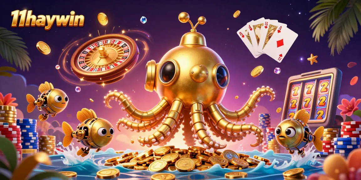 Engage with 11haywin's captivating golden kraken submarine amidst cascading coins and dazzling game elements.