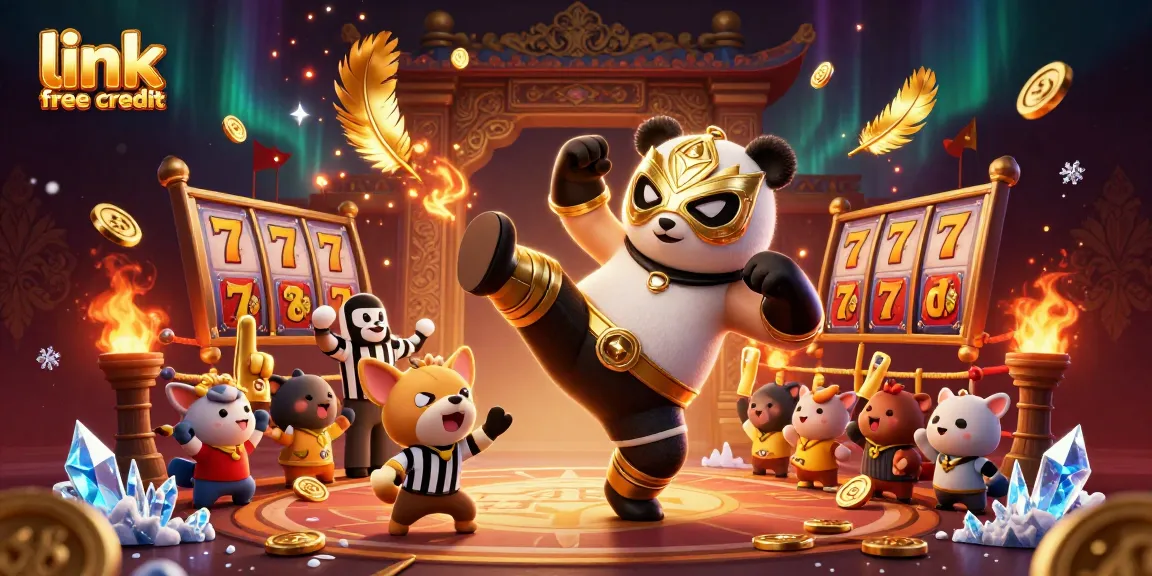 Experience the excitement of link free credit with a wrestling panda in an energetic casino scene.
