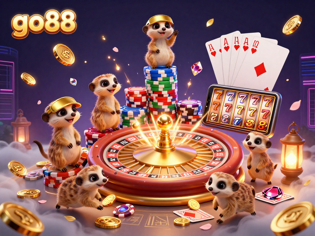 Experience the thrill at go88 with meerkats managing a lively casino scene, complete with dynamic games and vibrant elements.