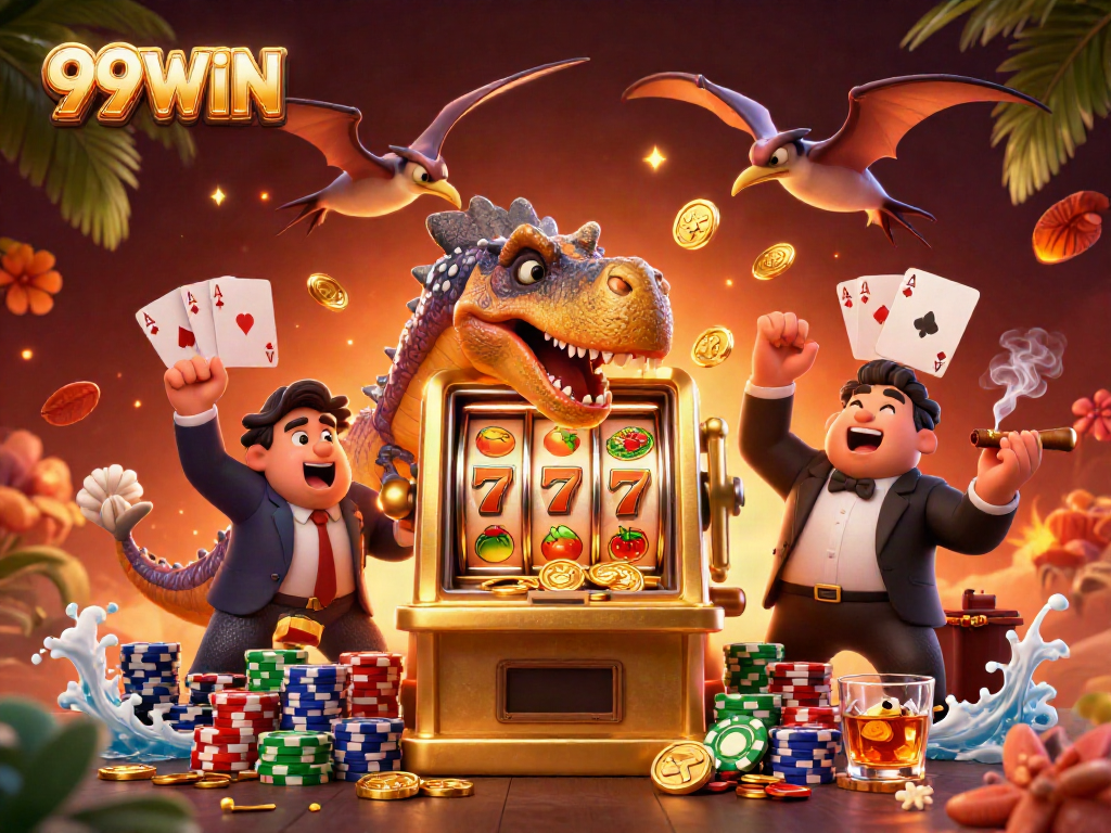 Experience 99WIN excitement with a pachycephalosaurus winning jackpots at a colorful casino.