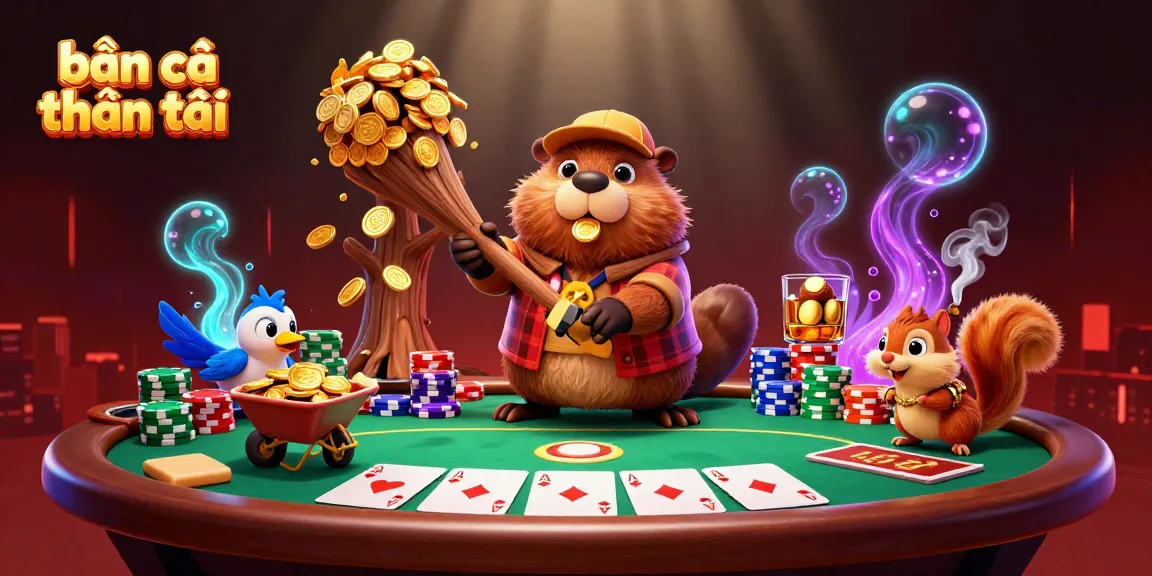 Engage in the thrilling bắn cá thần tài adventure with cartoon beaver, bird, and squirrel collecting gold.