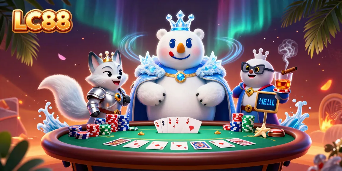 Experience thrilling poker action with LC88's vibrant 3D illustration featuring a frosty king polar bear.