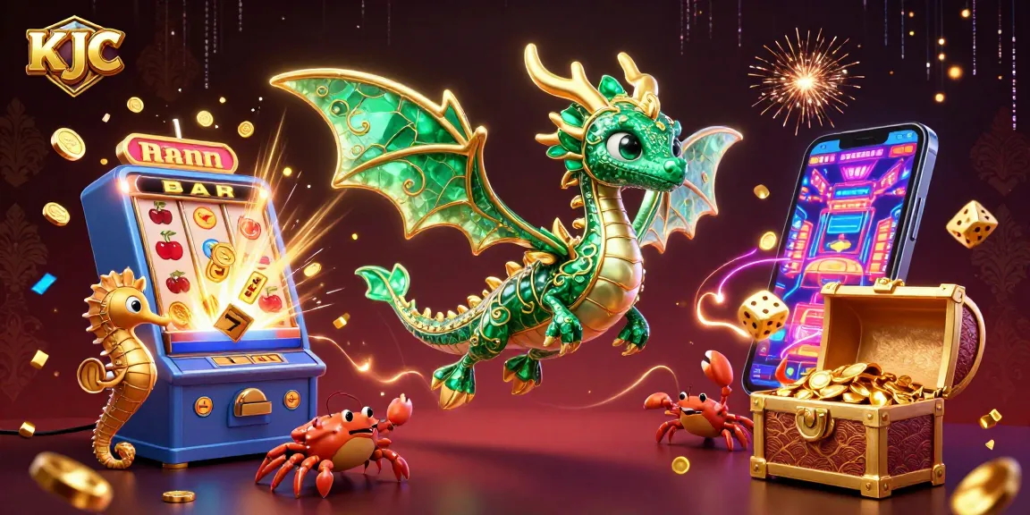 KJC casino scene featuring a majestic sea dragon, vibrant slot machines, and a treasure chest brimming with coins.