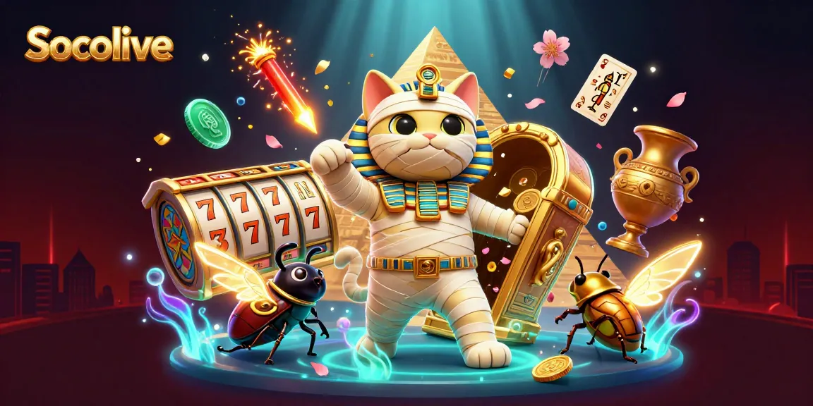 Socolive offers a rich gambling experience with a dynamic Egyptian mummy cat and golden elements.