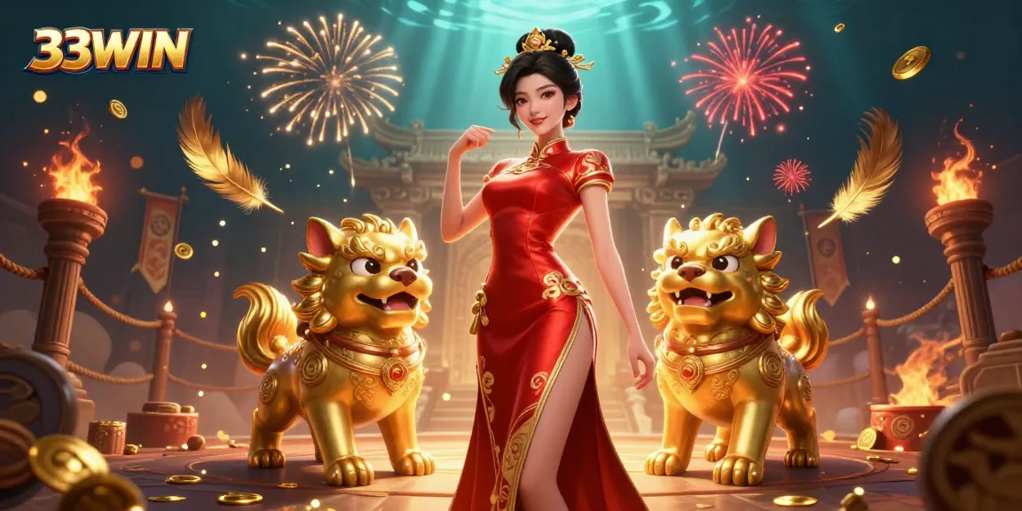 33WIN features a glamorous character amidst vibrant casino-themed elements and fireworks.