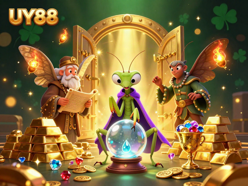 Experience the thrill of UY88 gaming with dynamic characters surrounded by treasures and excitement.
