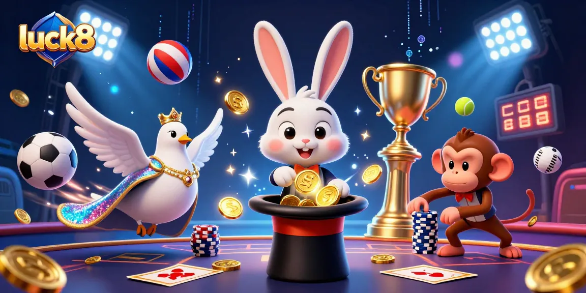 Experience winning moments at luck8 with a magician, assistant, and monkey in a vibrant casino scene.