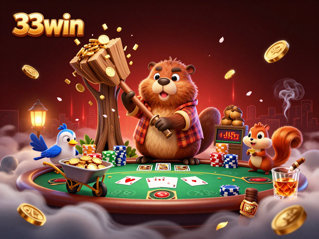 Experience thrilling gameplay with 33win as the beaver chops for golden coins in this vibrant casino scene.