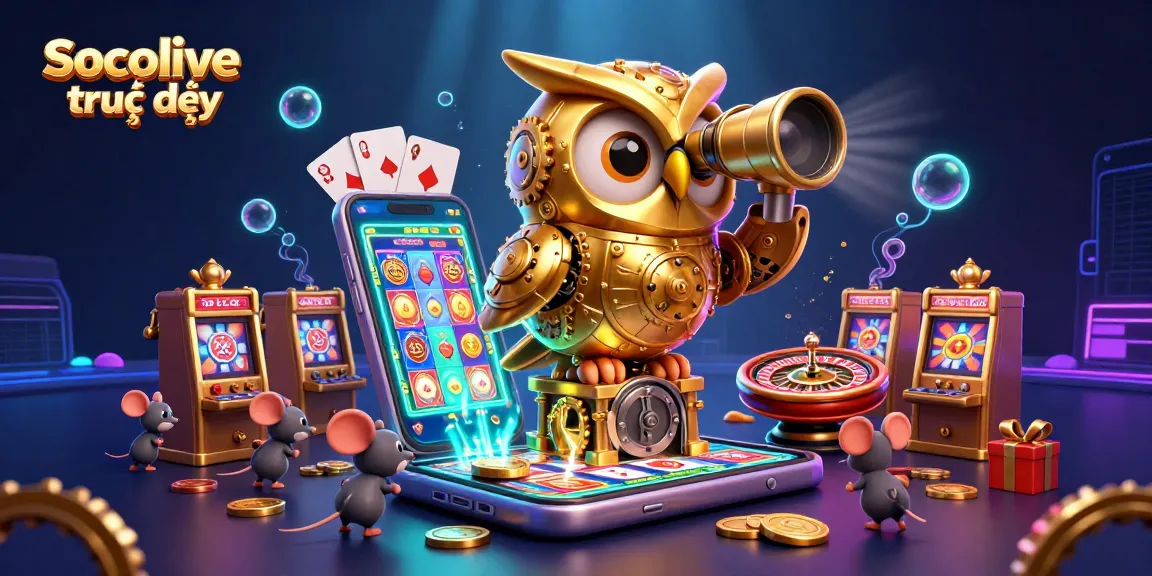 Engage with Socolive trực tiếp, showcasing vibrant slot games and a lively casino atmosphere with golden owl and lively characters.