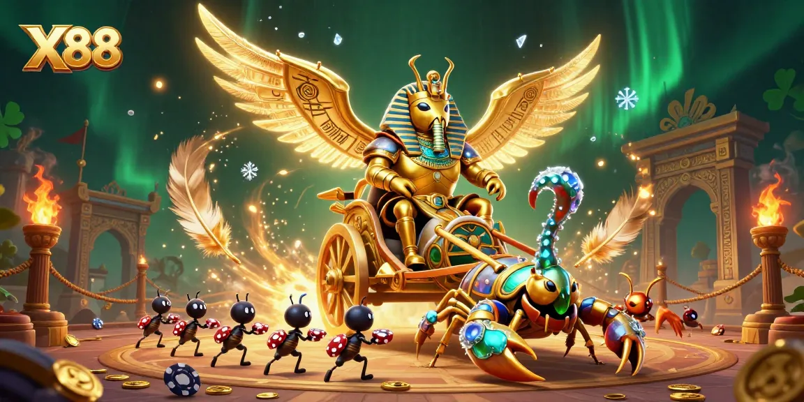 X88 players enjoy a vibrant online casino adventure with golden elements and dramatic surroundings.
