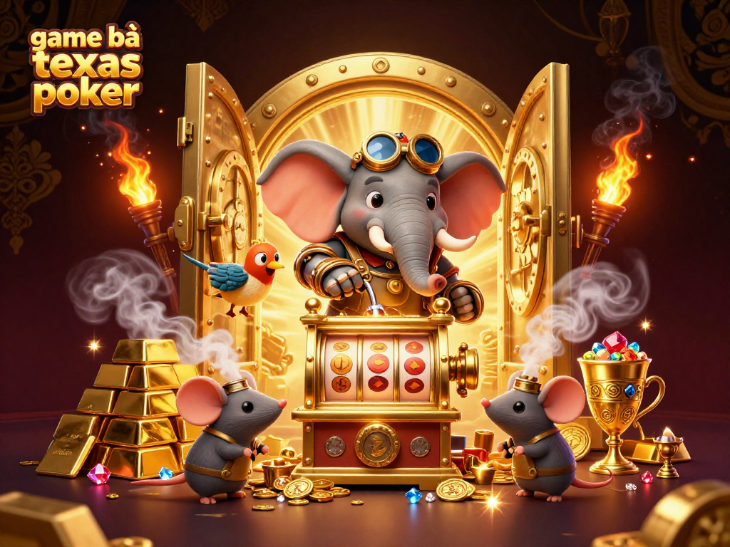 Engage in game bài texas poker with a dynamic steampunk illustration showcasing a golden slot machine and treasure.