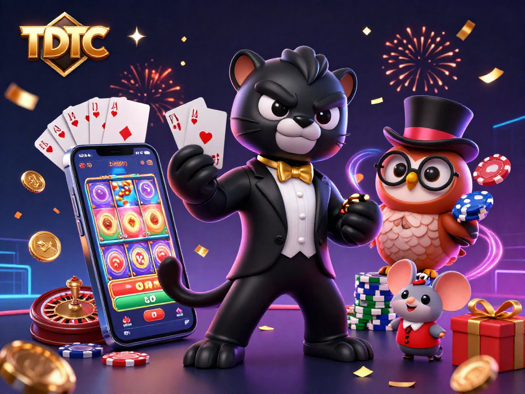 Engage with the exciting TDTC casino scene featuring a panther, owl, and lucky mouse surrounded by vibrant gaming elements.