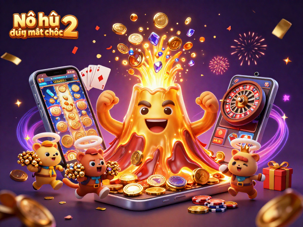 Nổ hũ đường mạt chược 2 showcases a golden volcano erupting treasure while cute explorers escape with gems.