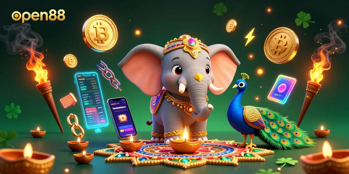 Engage with open88's vibrant gaming atmosphere featuring neon crypto coins and festive elements.
