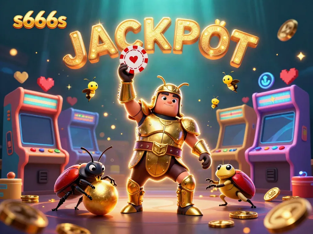Join the fun at s666s with a 3D cartoon hercules beetle celebrating a jackpot victory surrounded by gaming elements.