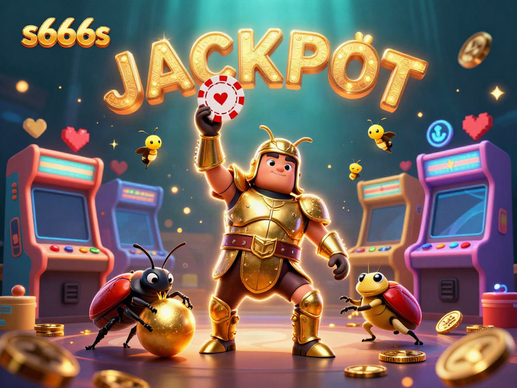 Join the fun at s666s with a 3D cartoon hercules beetle celebrating a jackpot victory surrounded by gaming elements.
