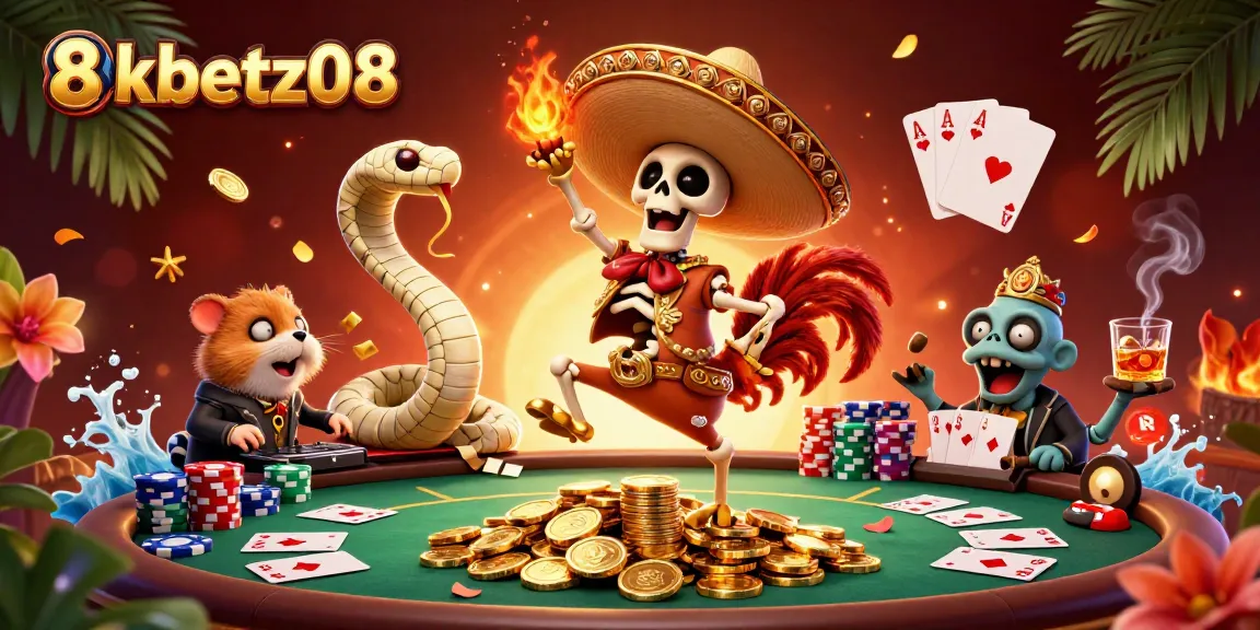 8xbetz08 features a vibrant victory dance scene with a mariachi rooster amidst poker elements.