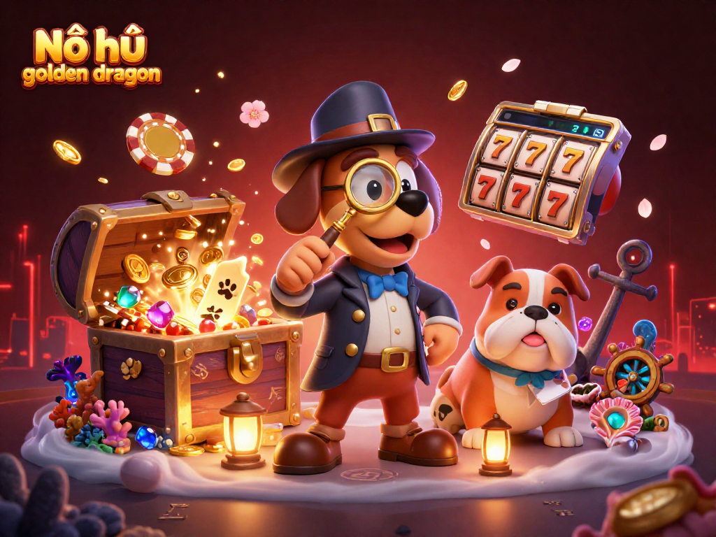 Nổ hũ golden dragon brings excitement with slot reels and treasures in a vibrant casino scene.