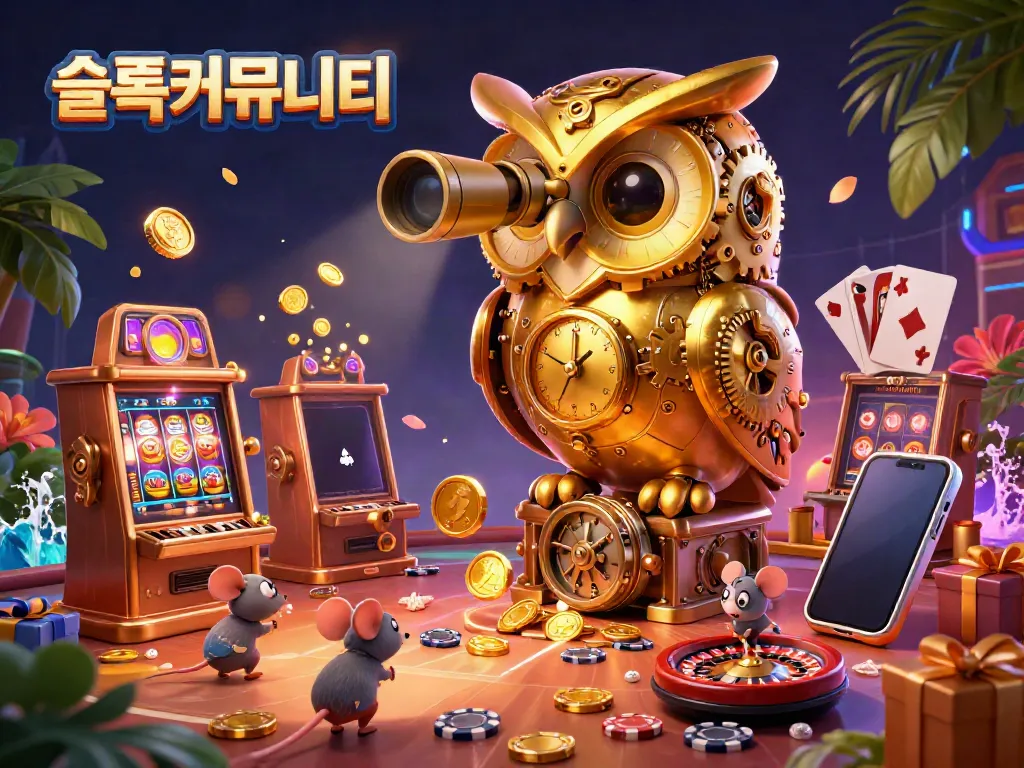Experience the vibrant casino atmosphere at 슬롯커뮤니티, featuring intricate slot machines and charming characters in motion.