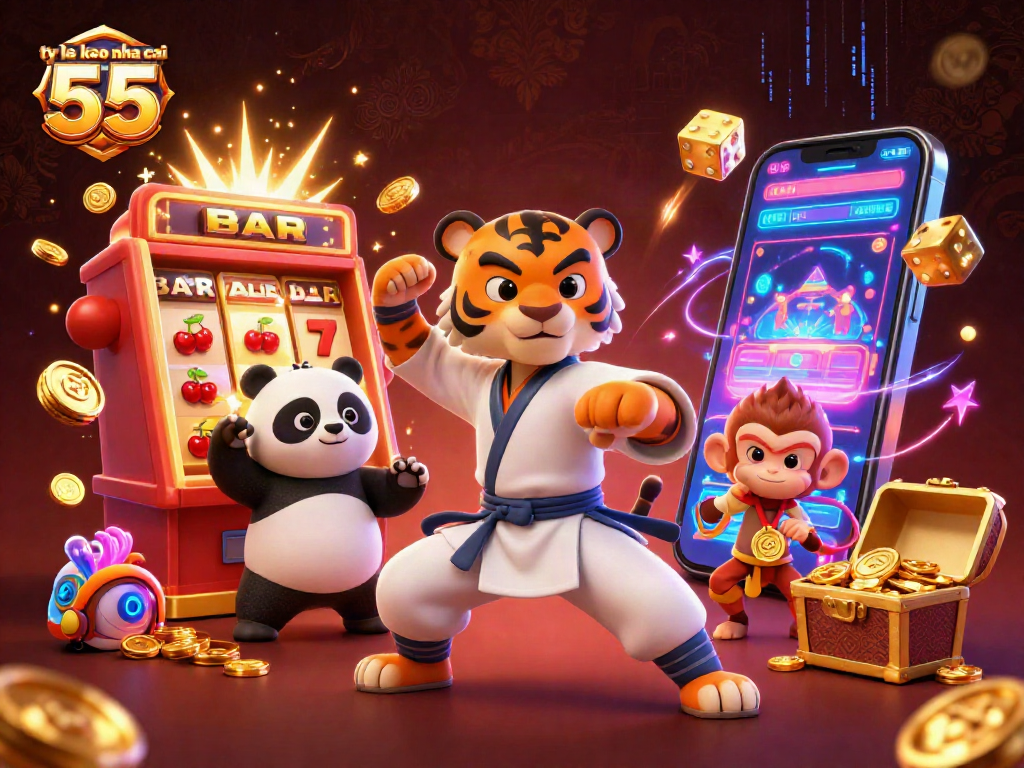 Engaging characters in a vibrant, casino-themed illustration showcasing ty le keo nha cai 55 excitement and action.