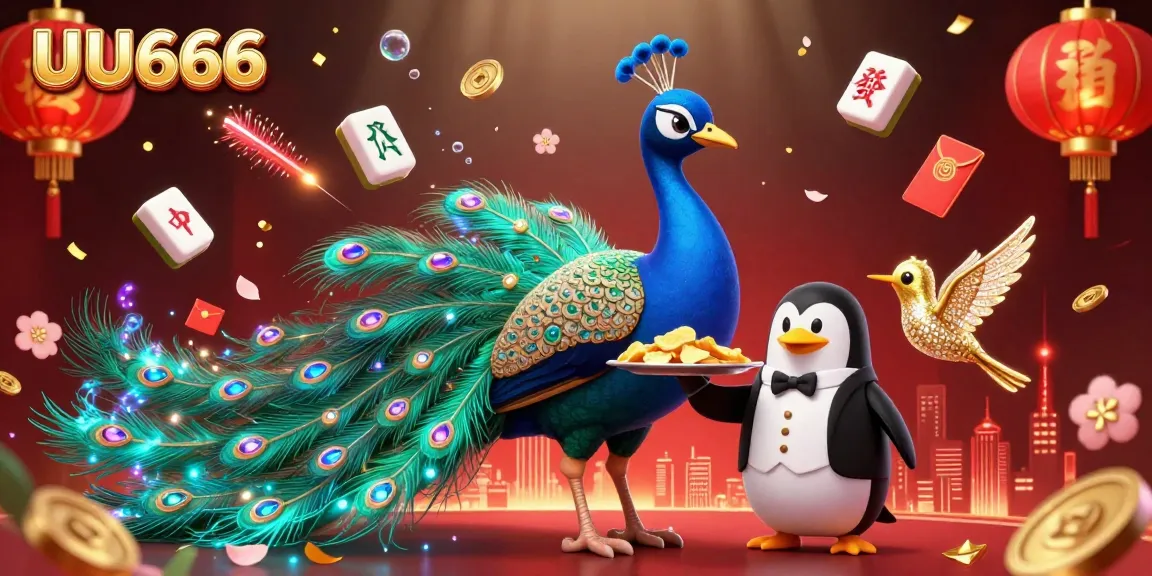 Engage with the vibrant UU666 casino scene featuring a majestic peacock, playful penguin, and sparkling hummingbird amid Chinese lanterns and golden Mahjong tiles.
