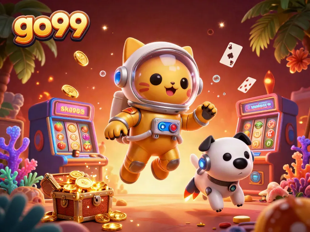 Experience exhilarating games at go99 with an astronaut cat and robot dog in a rich casino setting.