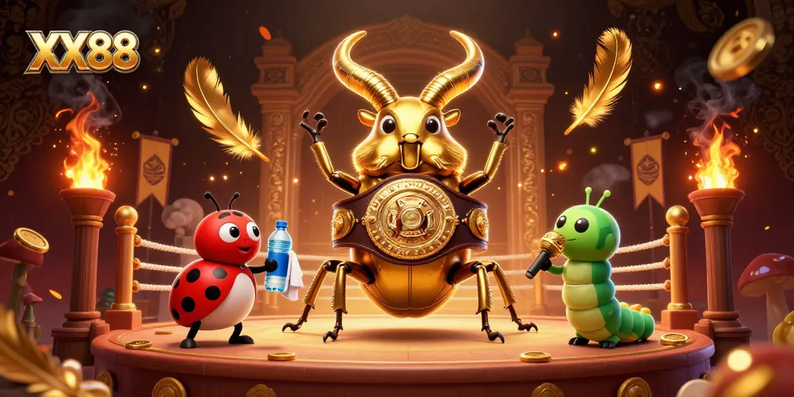 Experience the excitement of XX88 with a 3D illustration of a golden stag beetle and casino themes.