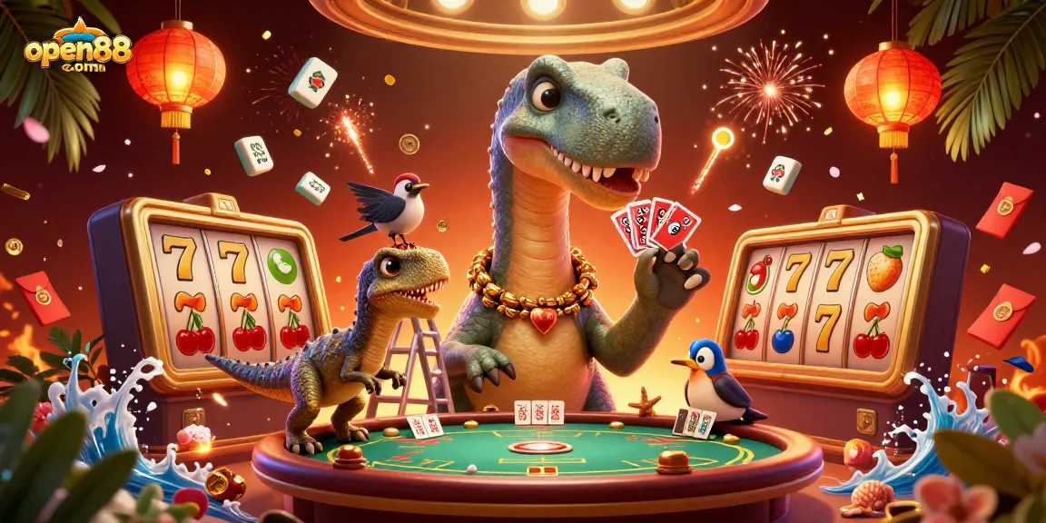 Join the fun at open88com with a playful 3D casino scene featuring a brontosaurus and raptor!