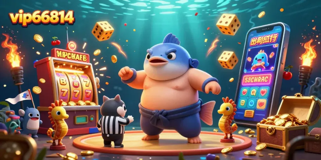 Experience exciting wins with vip66814's 3D illustration of a fugu in a lively underwater casino atmosphere, filled with dynamic slot actions.