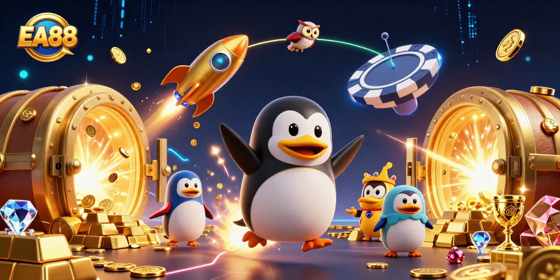 Watch the EA88 penguin navigate a dazzling space casino, surrounded by treasures and excitement.