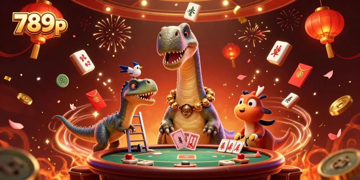 Experience 789p's thrilling card dealing scene with lively dinosaurs in a dynamic casino setting.
