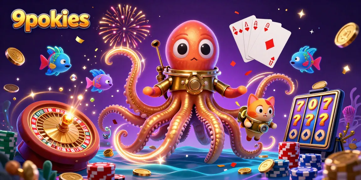 Engage with exciting 9pokies action featuring a kraken, diving cat, and vibrant casino elements.